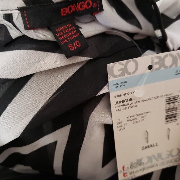 NEW Bongo S Juniors Black White Sheer Chevron Peasant Boho Top Blouse Tie Neck - Picture 5 of 6